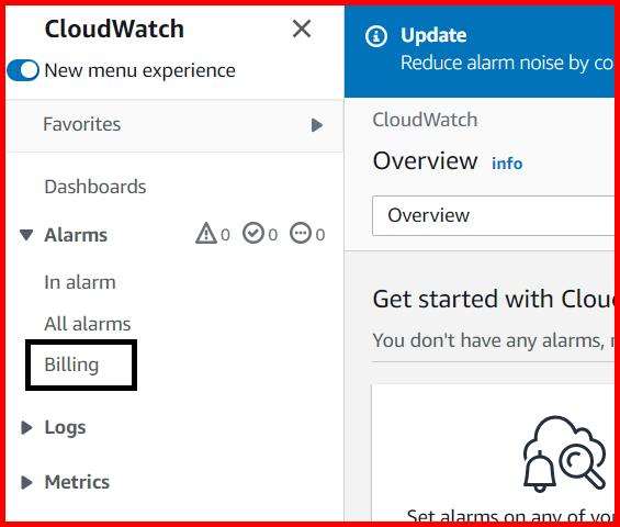 Picture showing the billing menu inside the cloudwatch